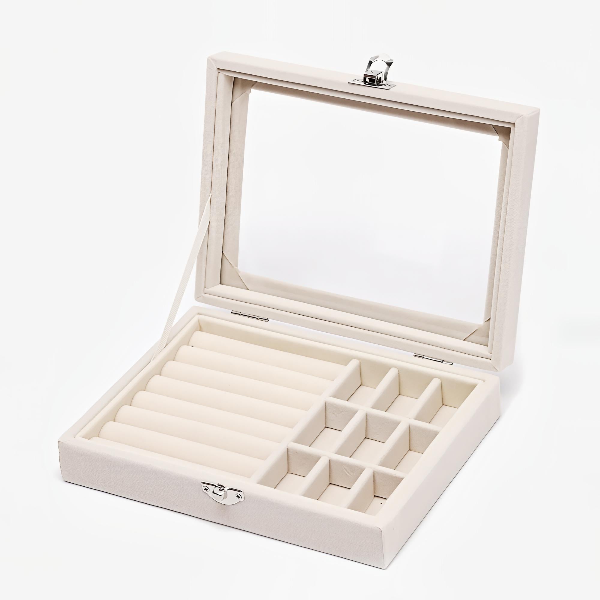 Ящик-органайзер для кольца и сережек с прозрачной крышкой и замком 10 секций Бежевый (SHKSKL-BGE-1434)