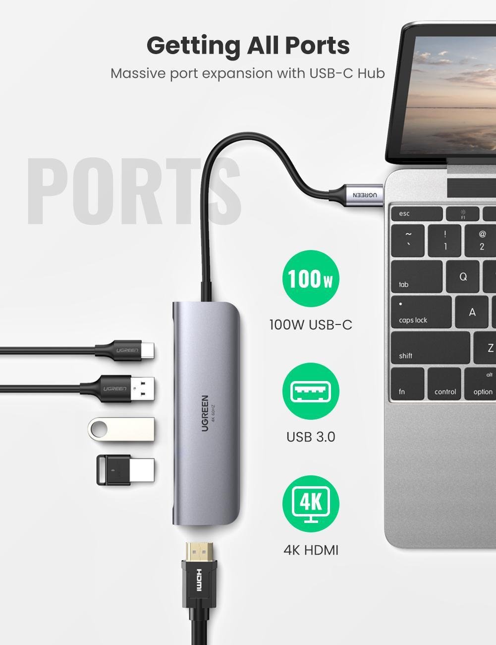 USB-хаб UGREEN Type-C-3x USB 3.0/5 Гбіт/с HDMI 4K 60Hz/Type-C PD 100W USB-C Сірий (70495) - фото 2 USB-хаб UGREEN Type-C-3x USB 3.0/5 Гбіт/с HDMI 4K 60Hz/Type-C PD 100W USB-C Сірий (70495) - фото 2