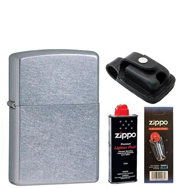 Зажигалка ZIPPO 207 Classic street Chrome бензин/кремни и чехол с прорезью LPTBK