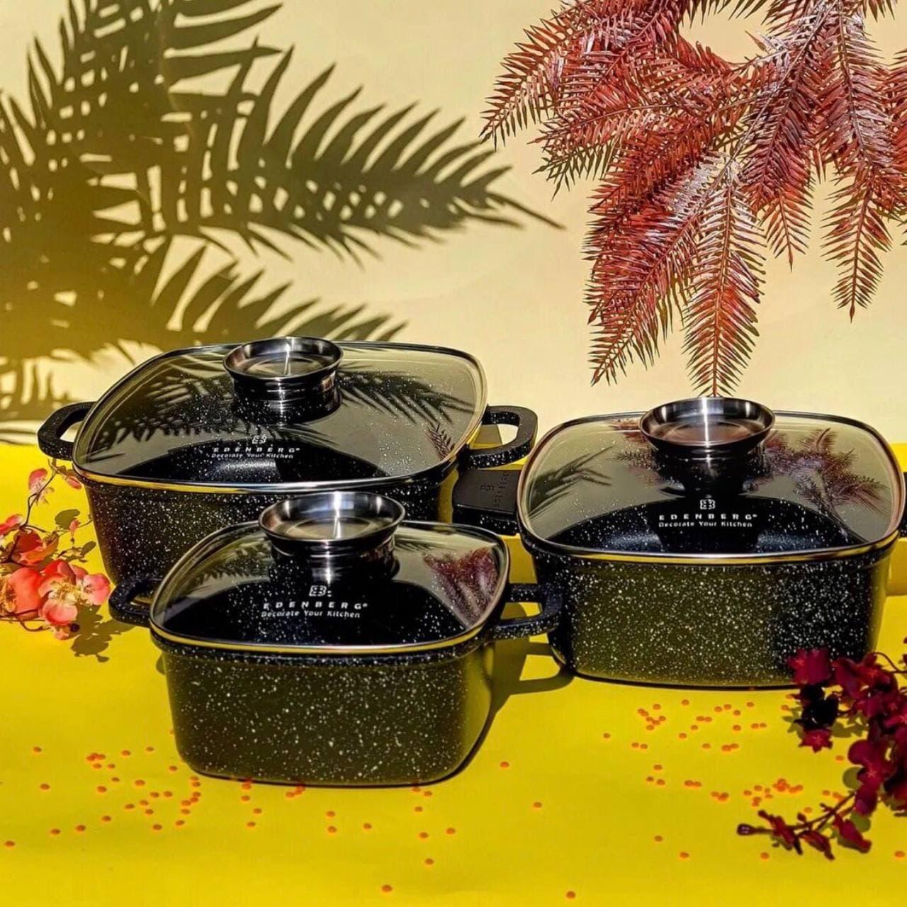 Набор кастрюль с мраморным антипригарным покрытием Edenberg ЕВ-8141 6 пр. Черный Набор кастрюль с мраморным антипригарным покрытием Edenberg ЕВ-8141 6 пр. Черный