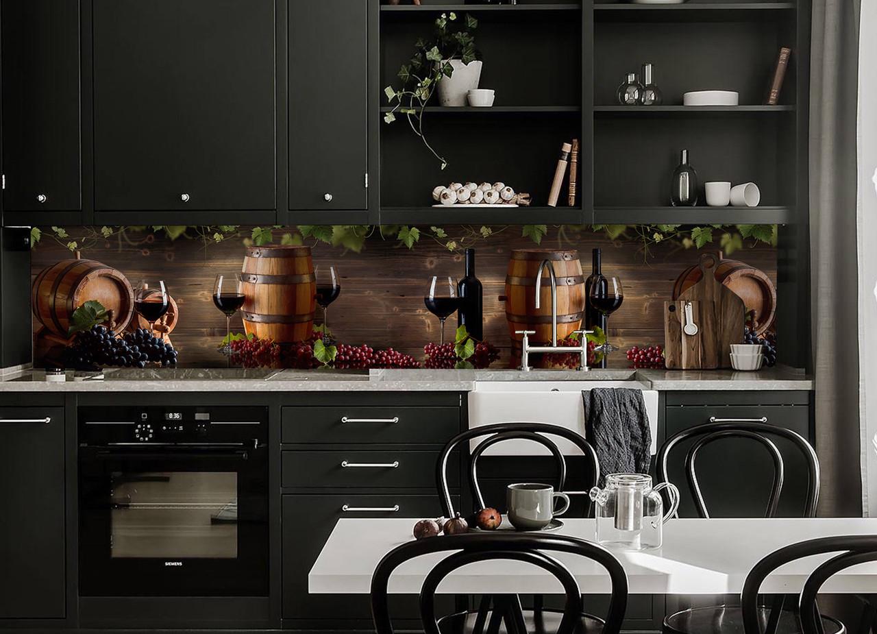 Кухонный фартук Виноград и винные бочки с самоклеющейся виниловой пленки 60х250 см Коричневый