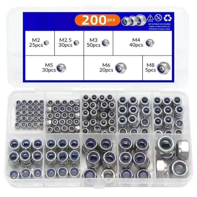Набор самостопорных-гаек 200 шт. M2/M2.5/M3/M4/M5/M6/M8 оцинкованных DIN 985 Spec (SP-0678210)
