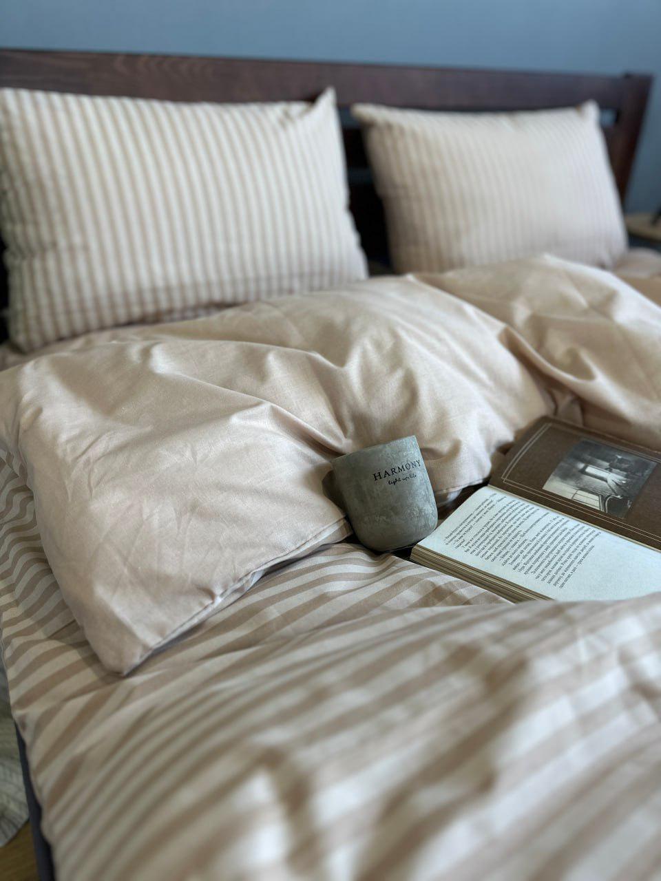 Комплект постільної білизни в смужку простирадло на резинці двоспальний 160x200х20/70х70 см Бежевий (25826674) - фото 4