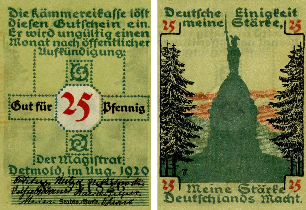 Коллекционная банкнота Германия Нотгельд 25 пфеннигов 1920 F-VF Детмольд (Б18520)