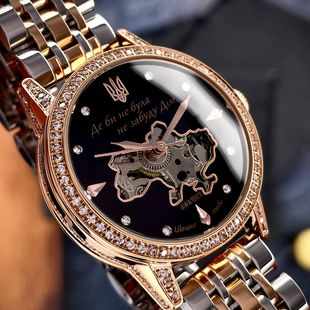 Наручные часы женские Awarder 3D с Гербом Украины патриотические механические со стразами круглые Золотой (1202-0530) - фото 5