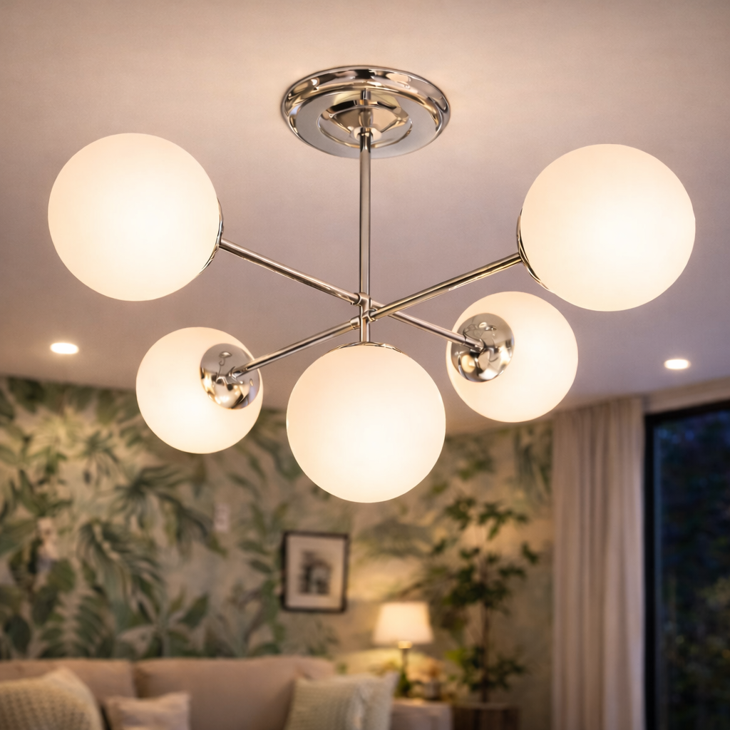 Люстра Valeso с металлическим каркасом под пять ламп Е27 Хром (Ю 91175A/5 CR)