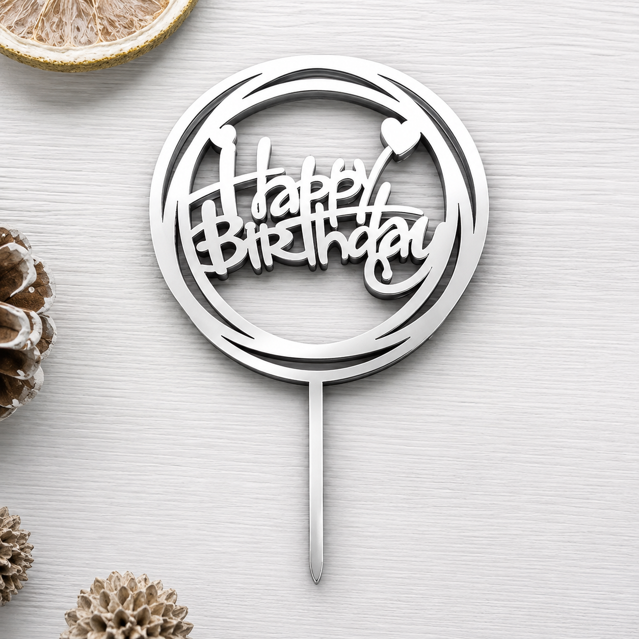 Топер для торта Happy Birthday круглый зеркальный 97x94 мм Серебристый (12083)