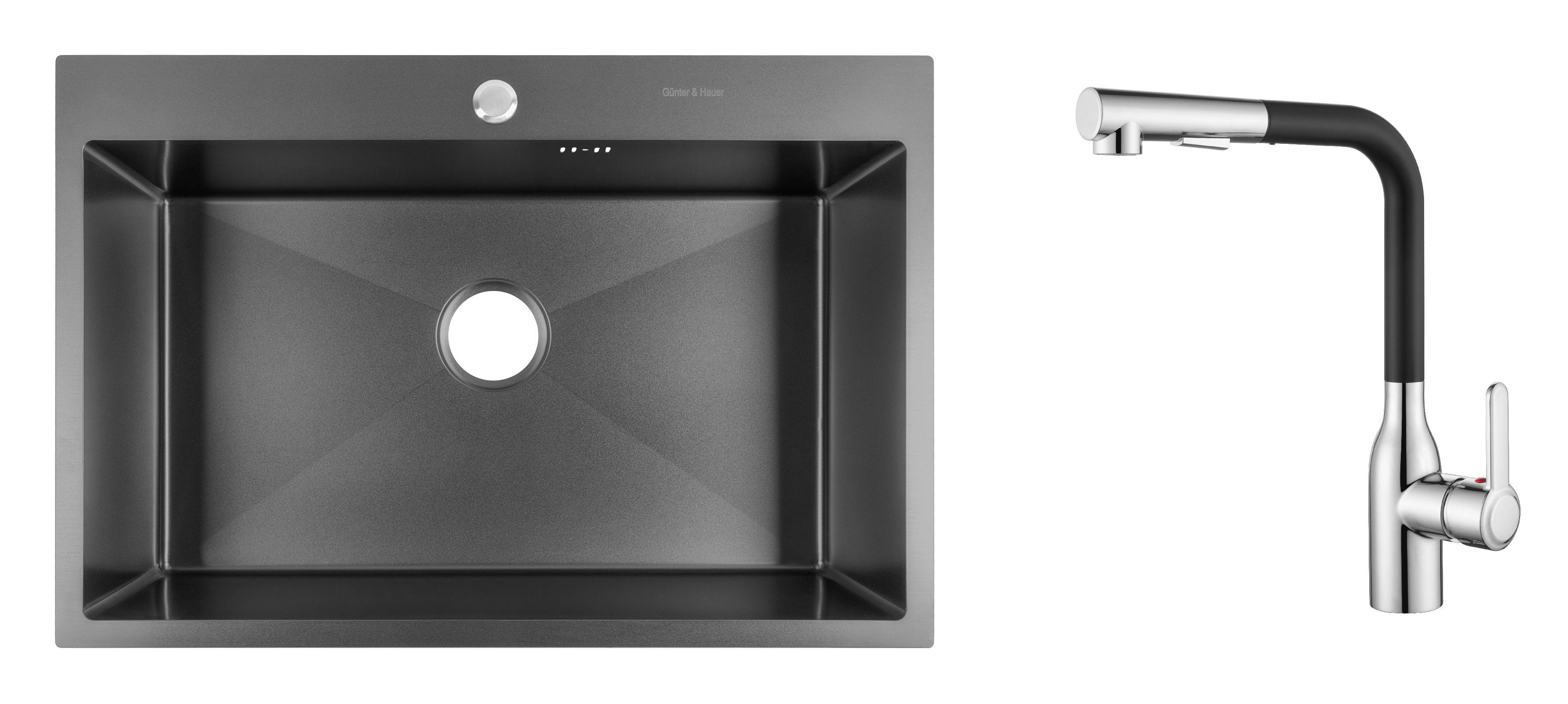 Комплект из кухонной мойки Gunter&Hauer Odenbach 7522 Black и кухонного смесителя Gunter&Hauer DUNKEL Cr-Bl