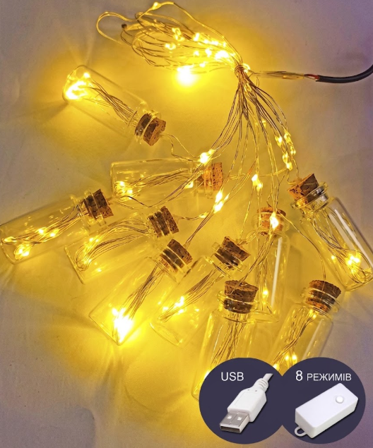 Гирлянда бутылочки-роса 100 LED 10 шт. 3 м 8 режимов/USB Теплый белый (FFJ00154)