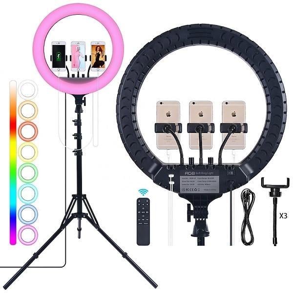 Лампа кільцева Soft Ring Light RGB LED для селфі з тримачем на 3 телефони зі штативом 45 см (MJ-45T) - фото 21