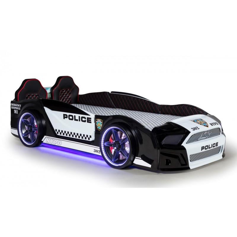 Кровать-машина Super Car Мустанг Полиция с кожаными сидениями и звуковыми эффектами/пульт ДУ Черный/Белый - фото 2 Кровать-машина Super Car Мустанг Полиция с кожаными сидениями и звуковыми эффектами/пульт ДУ Черный/Белый - фото 2