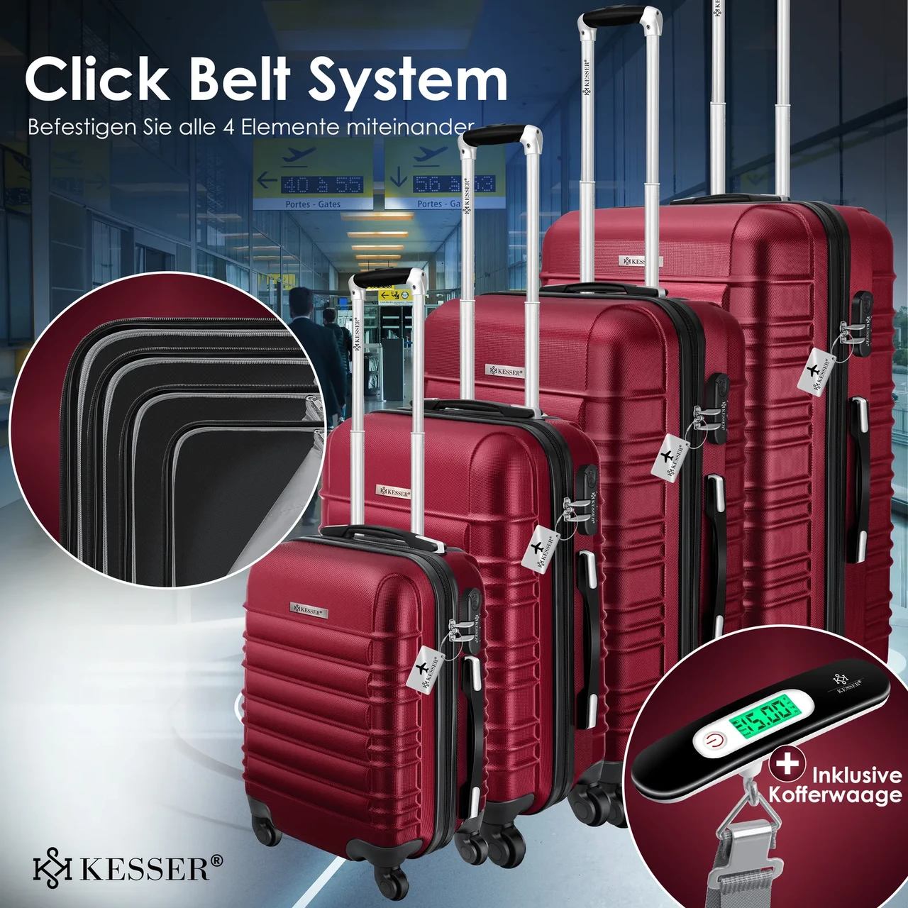 Набір із 4 дорожніх валіз KESSER з твердим корпусом S M/L/XL Бордовий - фото 6