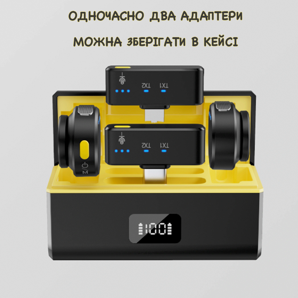 Микрофон петличный беспроводной Savetek M9 2в2 с двумя адаптерами для iPhone/Android Black/Yellow - фото 8
