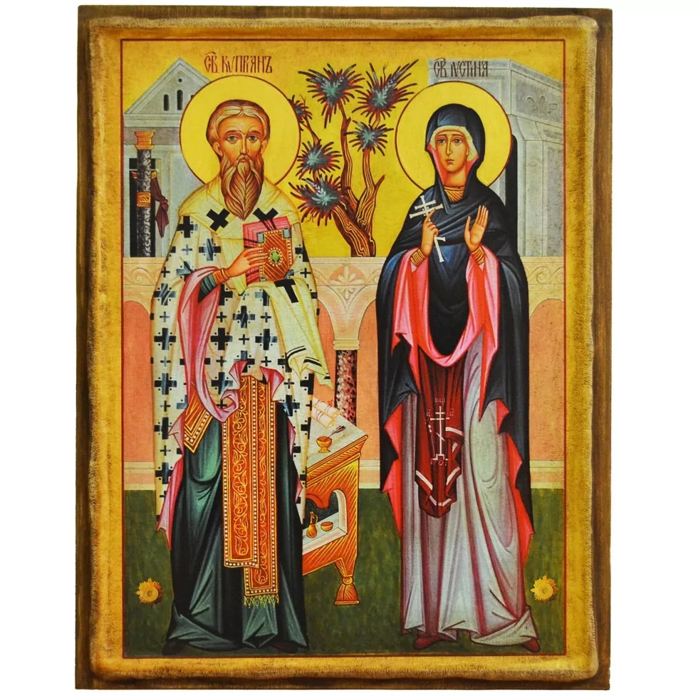 Икона Святой Киприан и Святая Иустиния на дереве 20х25 см (112-0134с)