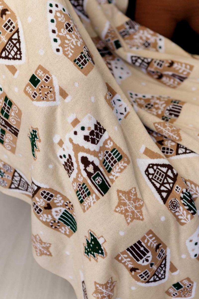 Плед вязаный Имбирные домики 90х130 см Бежевый (037811) - фото 3