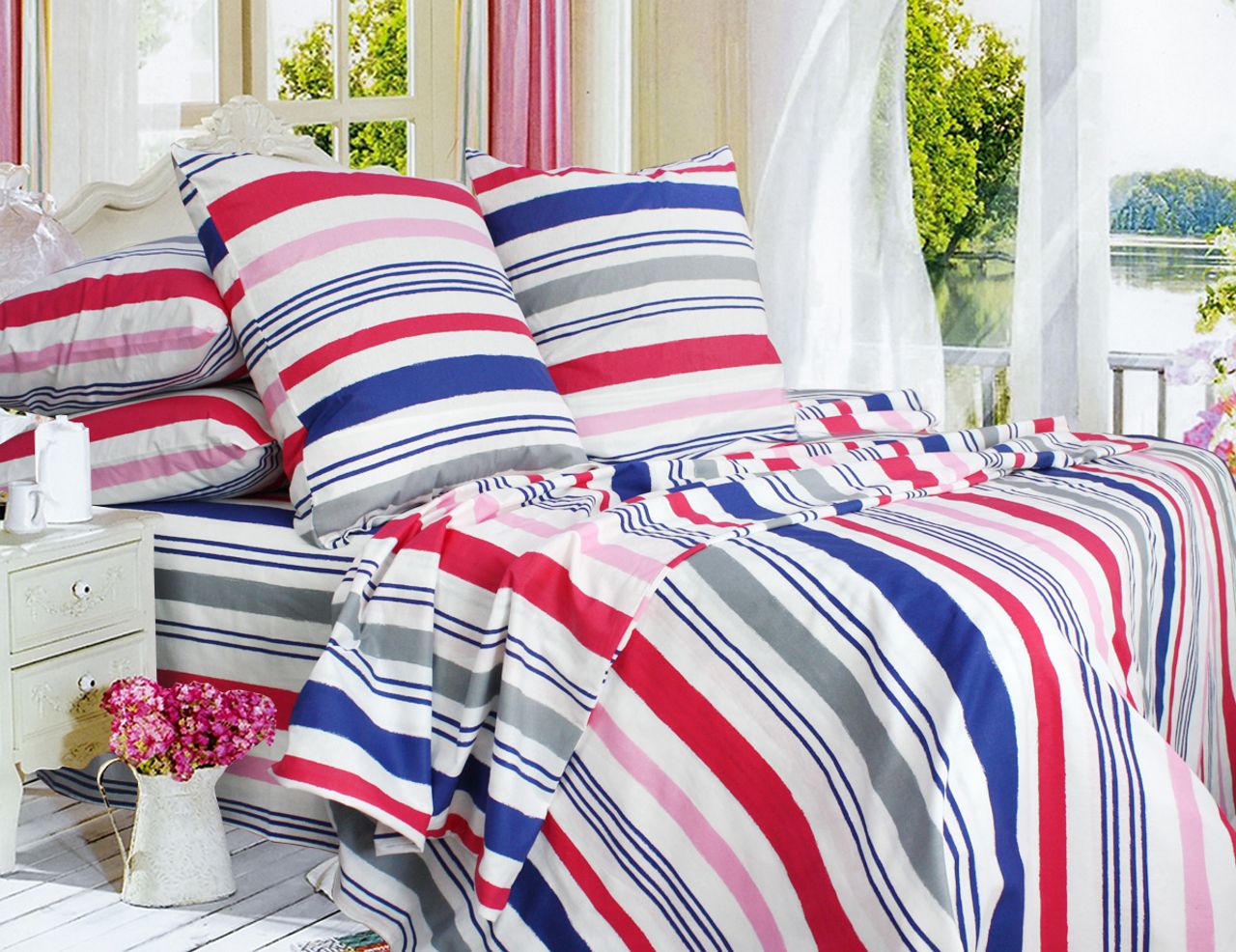 Комплект постельного белья семейный Еней-плюс Т0653 Белый/Красный/Синий