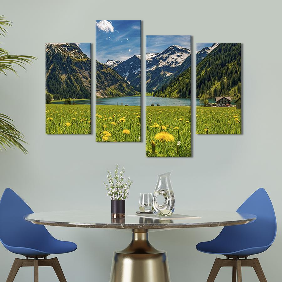 Модульная картина из четырех частей на холсте интерьерная картина Маленький домик на берегу горного озера 89x56 см (609-42)