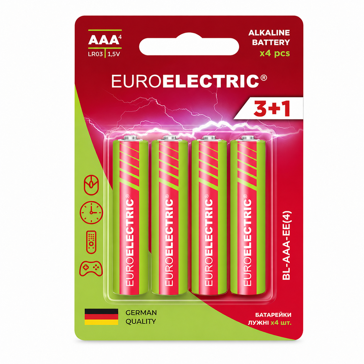 Батарейка EUROELECTRIC ААА щелочная 1,5V blister 4 шт. (4260642633110)