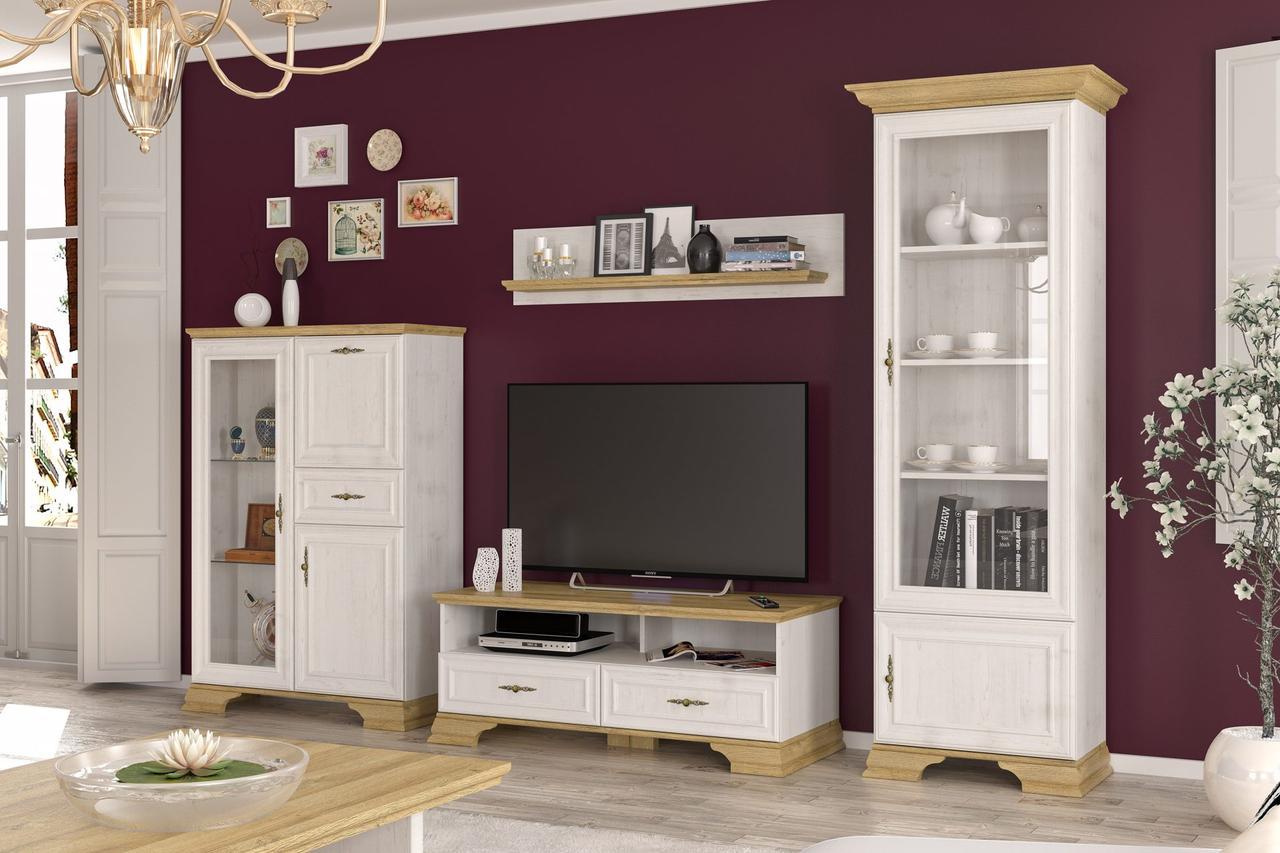 Стенка в гостиную Мебель Мервис Ирис со стеклом и полочками 285х198 см Андерсон пайн/Дуб золотой (vitalnia2_Iris_MS)