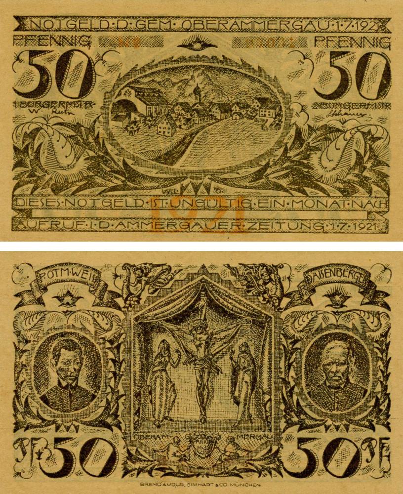 Коллекционная банкнота Германия Нотгельд 50 пфеннигов 1921 F-VF Обераммергау (Б18653)