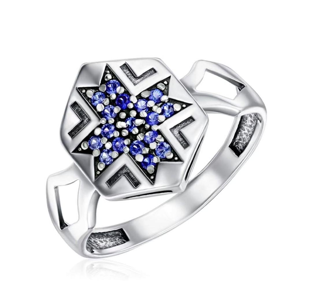 Кольцо серебряное женское Вышиванка с синими камнями р. 19 925 проба (81152с)