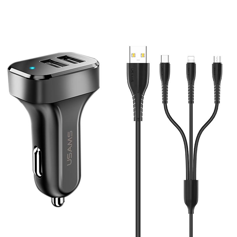 Автомобильное зарядное устройство Usams C13 2.1A Dual USB/U35 3IN1 Charging Cable 1 м Черный (00000034561_1)