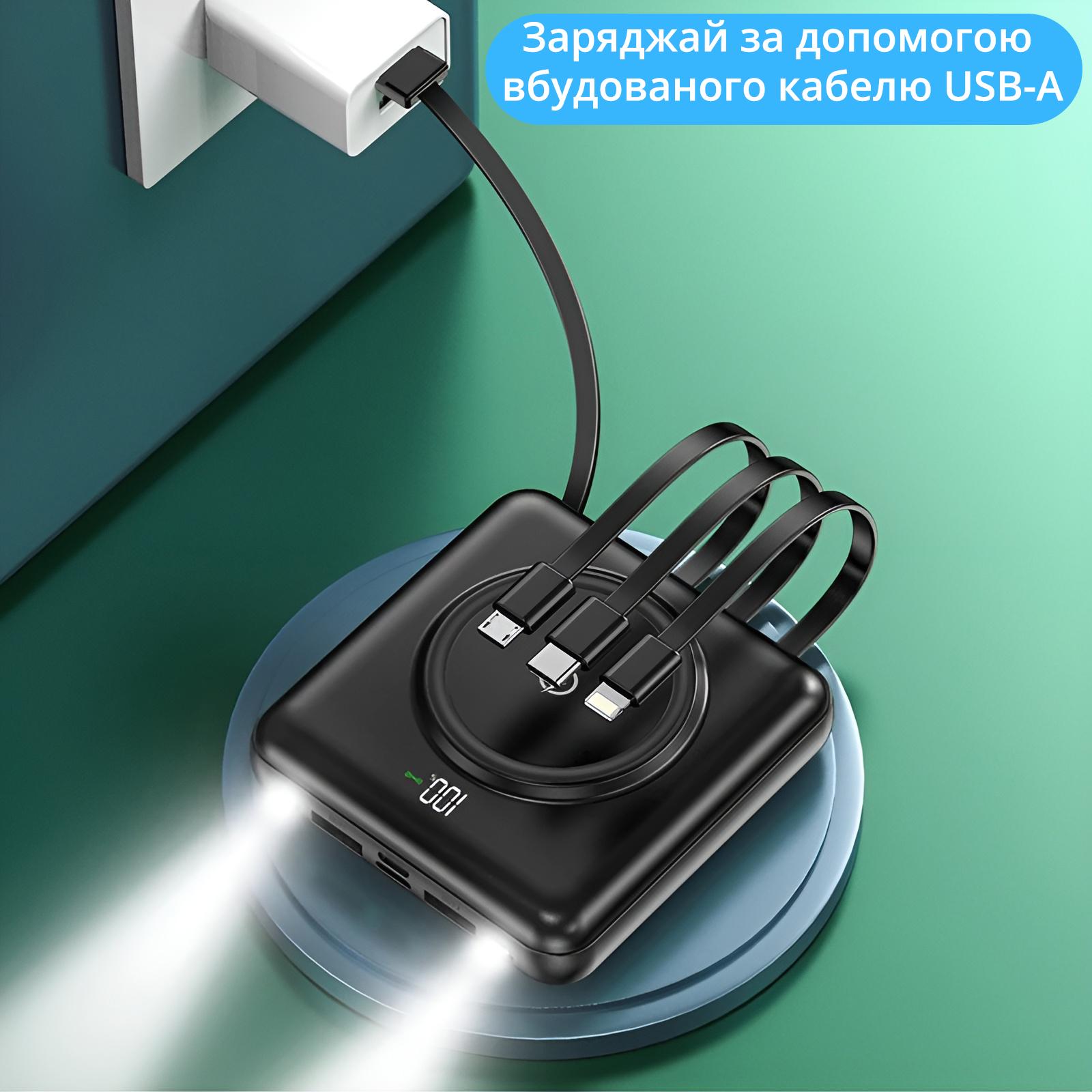 Аккумулятор портативный 6000 mAh Power Bank с беспроводной зарядкой на 2 USB выхода и 4 встроенных кабеля Зеленый - фото 7