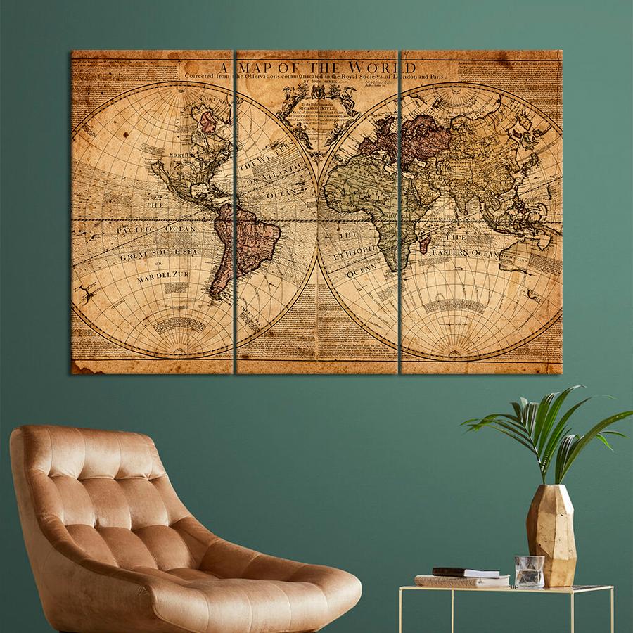 Картина карта Винтажная старая карта мира 78x48 см (A1339-3)