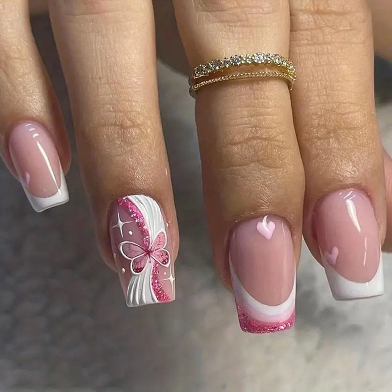 Ногти накладные френч Бабочка с сердечками квадрат средней длины с клеевыми стиками 24 шт. Белый с розовым (3000003697) - фото 2 Ногти накладные френч Бабочка с сердечками квадрат средней длины с клеевыми стиками 24 шт. Белый с розовым (3000003697) - фото 2