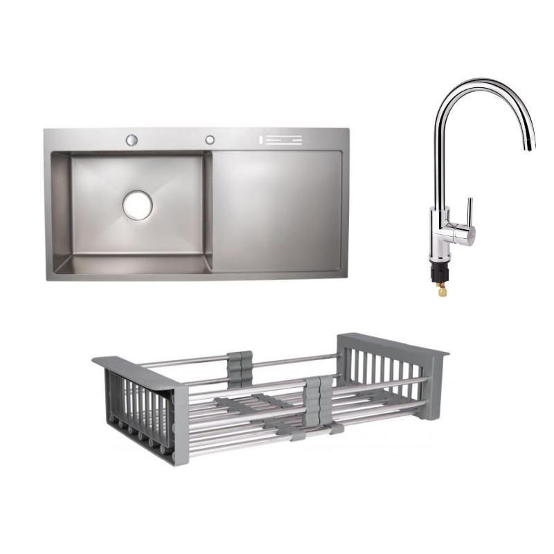 Мийка Lidz LH10050B Brush з полицею для ножів і краном для кухні Qtap Spring 007F-2 з підключенням до фільтра (43024.)