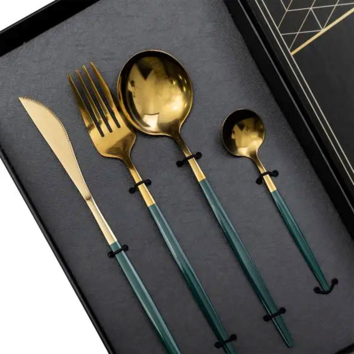 Набор столовых приборов на 6 персон 24 пр. Золотистый с зеленым - фото 4 Набор столовых приборов на 6 персон 24 пр. Золотистый с зеленым - фото 4