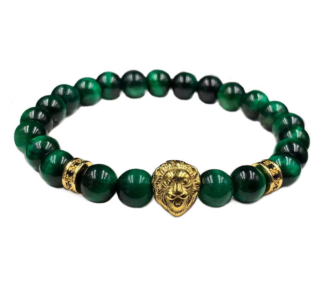 Браслет из тигрового глаза со львом и дисками р. 15 Зеленый/Золотой (50040)