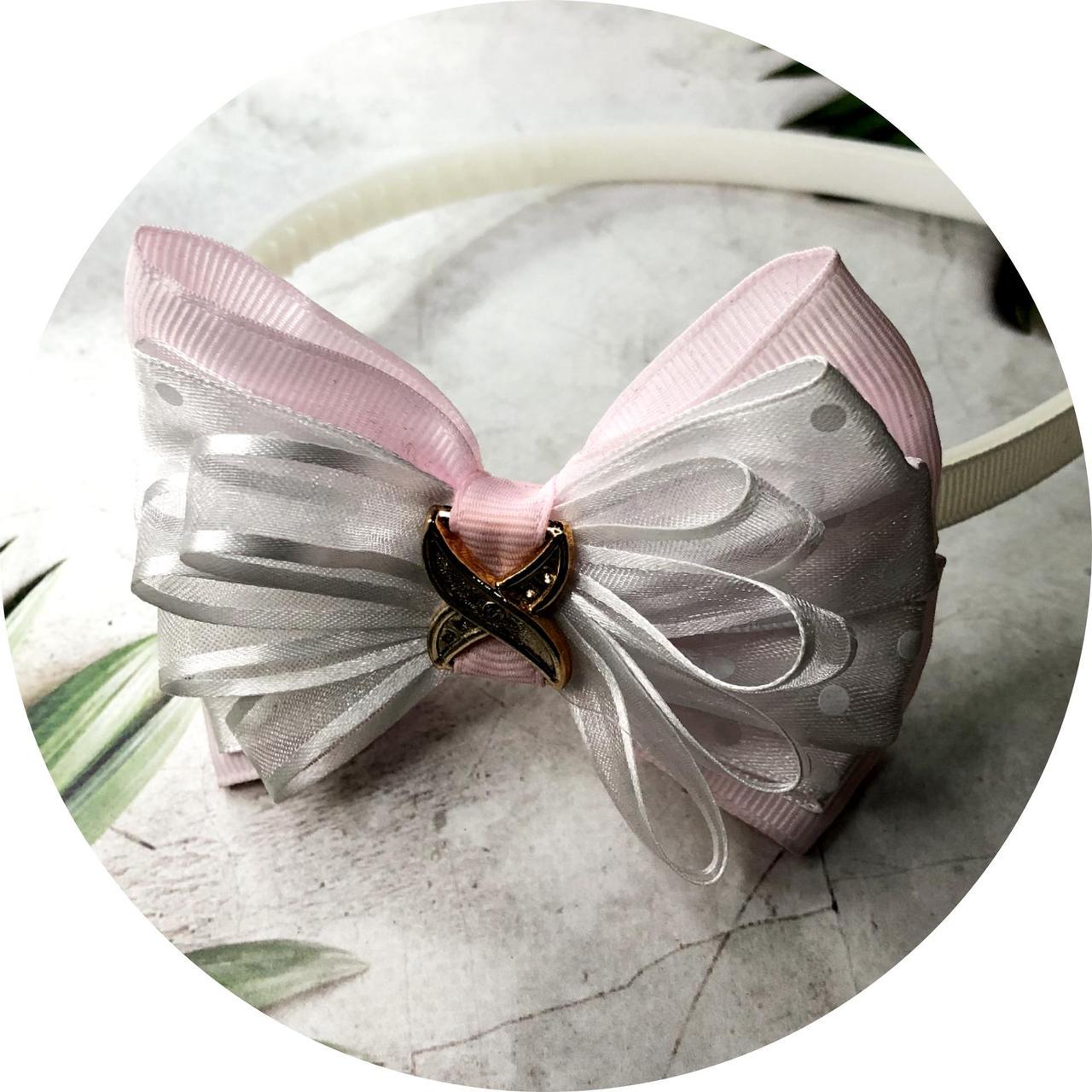 Обруч для волосся дитячий з бантиком Рожевий з білим в горошок Обруч для волосся дитячий з бантиком Рожевий з білим в горошок