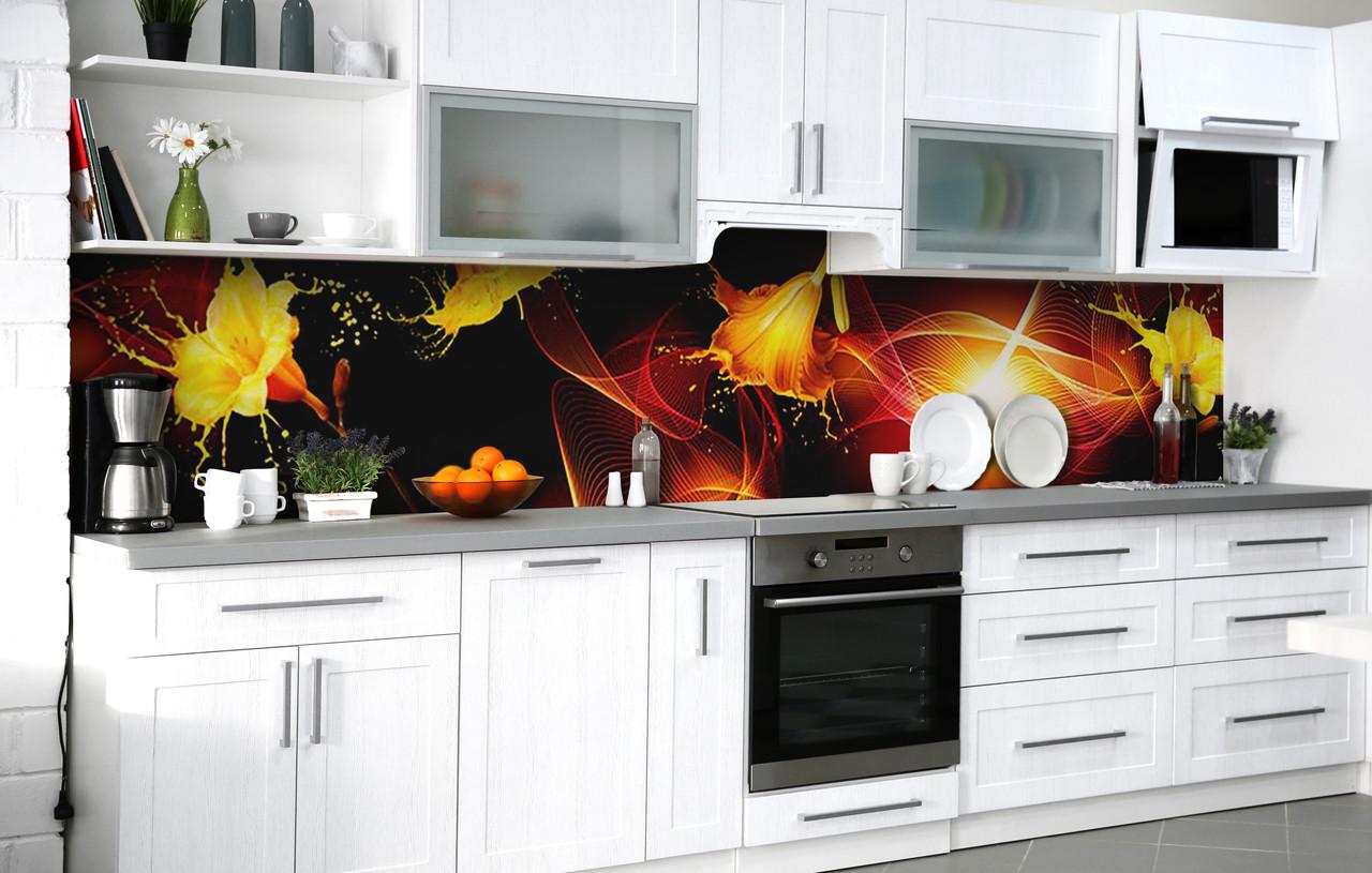 Кухонный фартук Желтые Лилии/Брызги виниловый самоклеющийся 650х2500 мм Коричневый