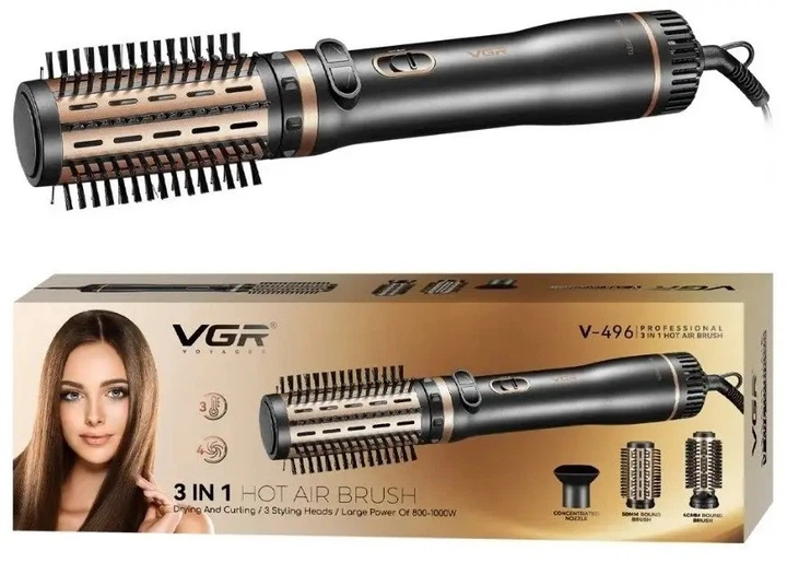 Фен-щітка VGR V-496 1000 Вт з регулюванням температури і 3 насадками для укладання Фен-щітка VGR V-496 1000 Вт з регулюванням температури і 3 насадками для укладання