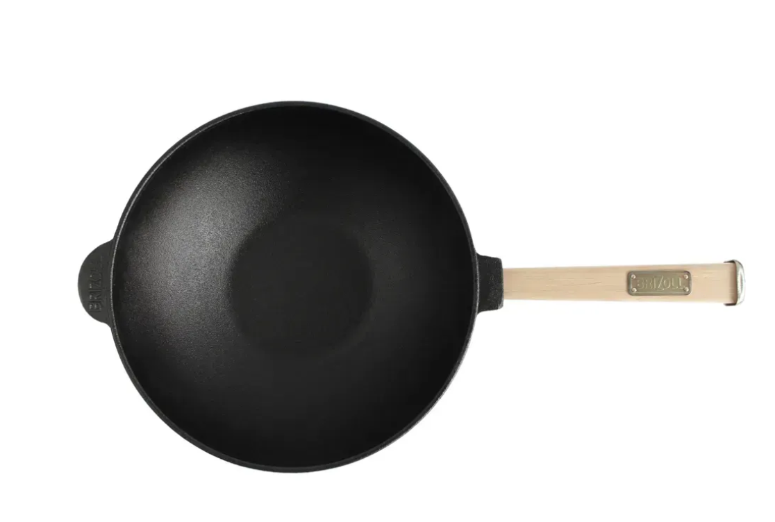 Сковорода чугунная Brizoll WOK 2,8 л с деревянной ручкой и стеклянной крышкой вместительная удобная Черный