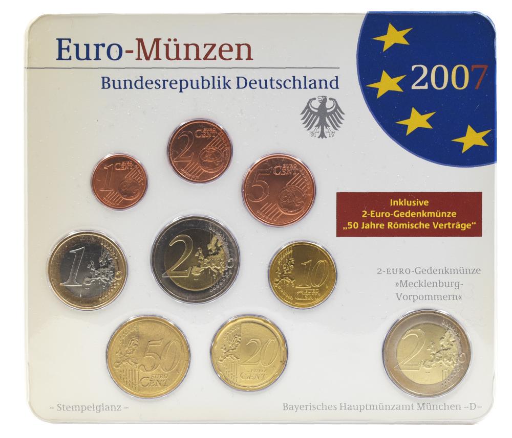 Коллекционные монеты Германия набор из 9 монет евро 2007 UNC D 1/2/5/10/20/50 евроцентов 1/2 евро/памятная 2 евро Блистер (М23504)