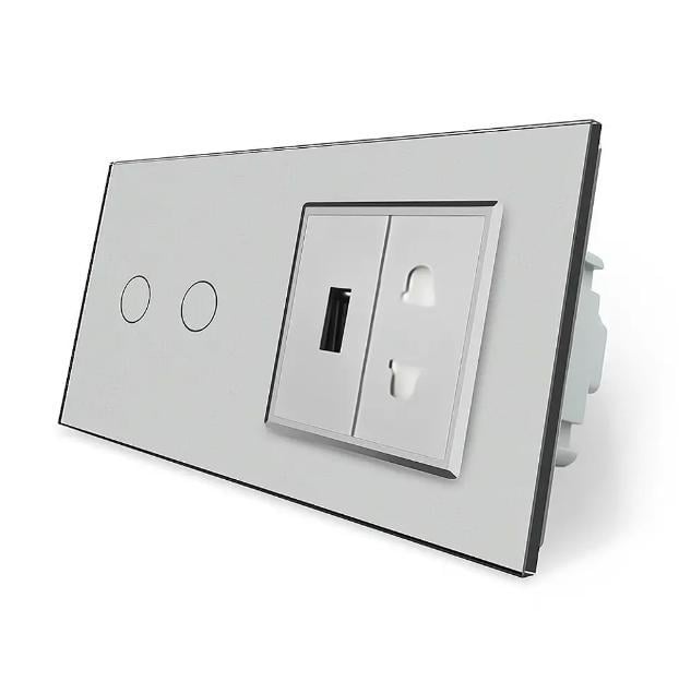 Выключатель сенсорный проходной Livolo 2 сенсора 1 розетка 1 USB стеклянный Серый (VL-C702S/C7USBC1A-15)