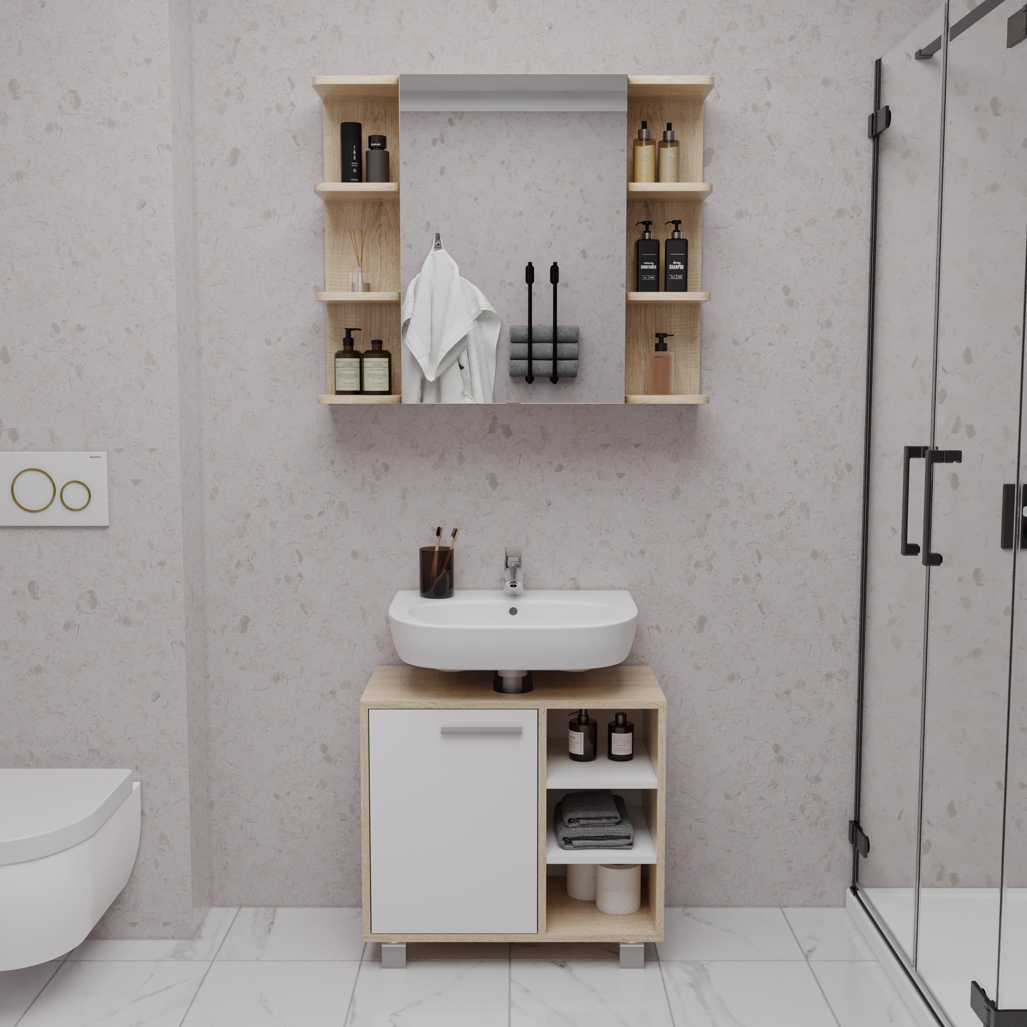 Комплект для ванної кімнати полиця навісна із дзеркалом й тумба під умивальник 60 см Дуб сонома/Білий (BA-1s/wh)