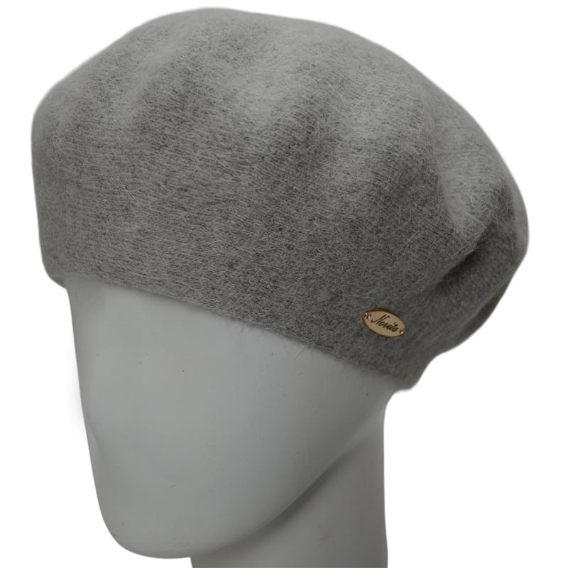 Берет женский Novita Молли ангоровый двойной теплый зимний Серый меланжевый