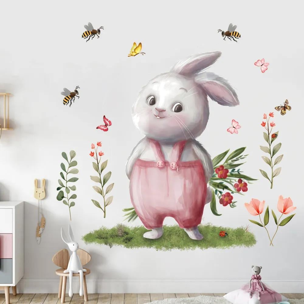 Наклейка виниловая Зайчик с букетом декоративная в детскую комнату на стену для девочек и мальчиков 30х60 см