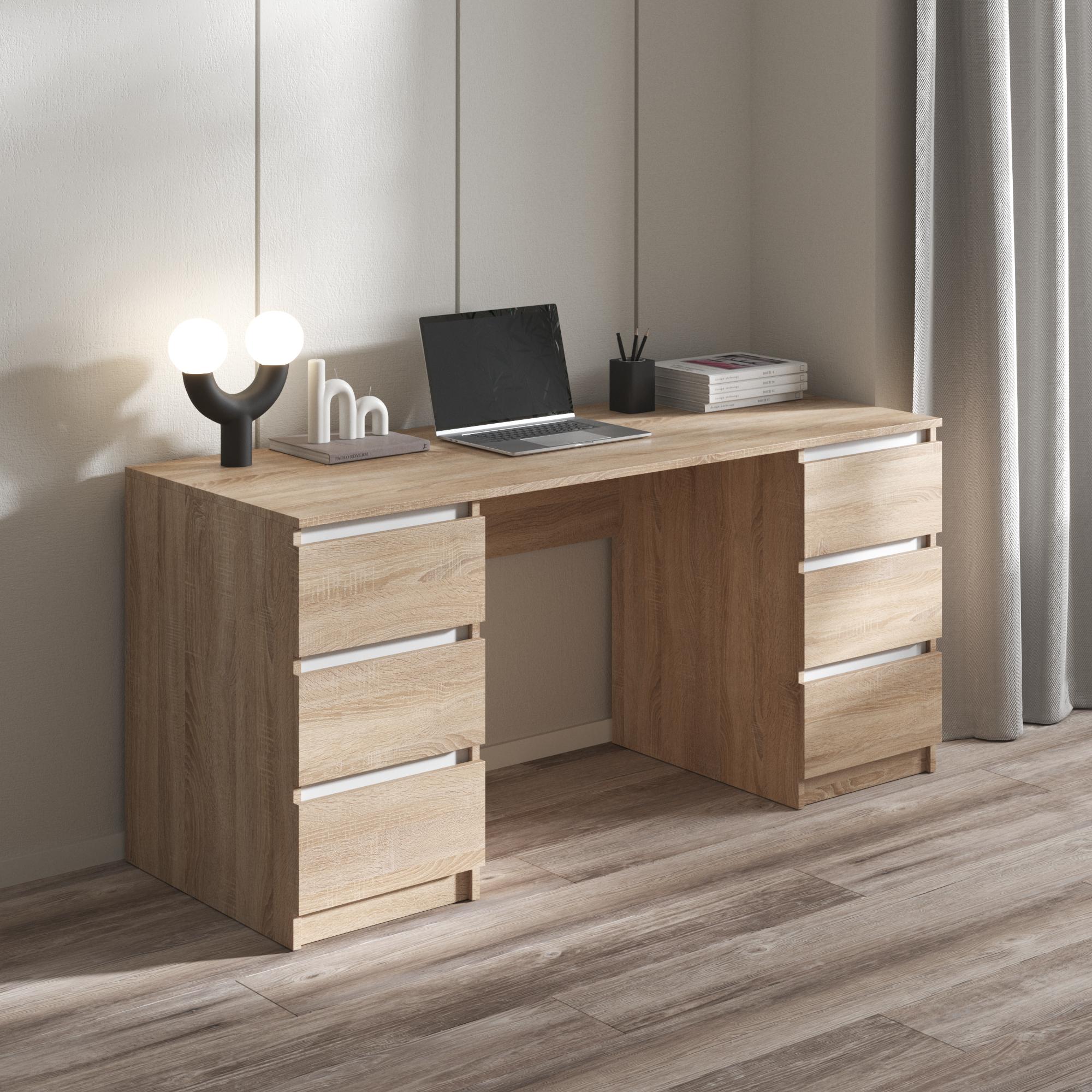 Стол компьютерный R-2 с двумя тумбами на 6 выдвижных ящиков c фасадами без ручек Дуб Сонома/Белый - фото 1