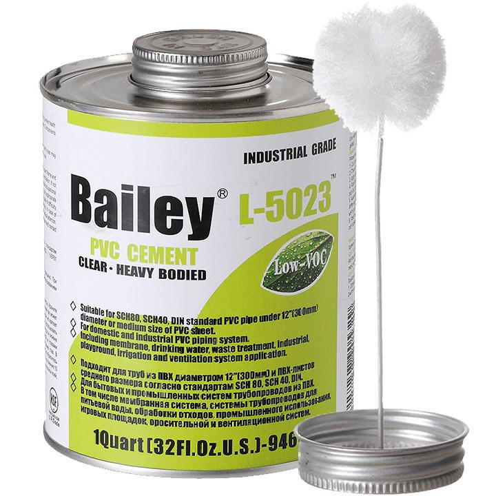 Клей для ПВХ труб Bailey L-5023 946 мл з пензликом для великих діаметрів Прозорий