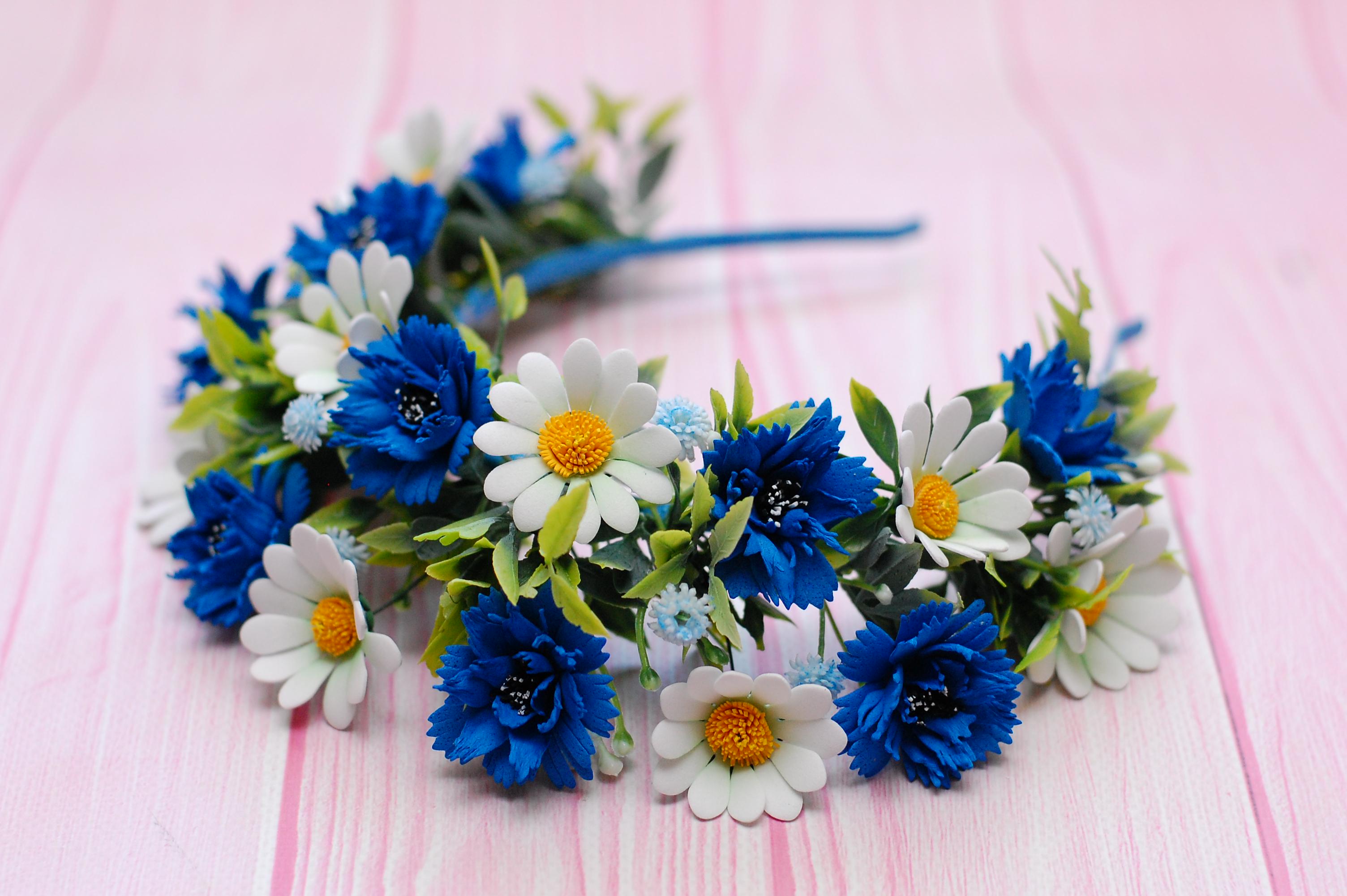 Обруч для волос с ромашками и васильками White/Blue (636)