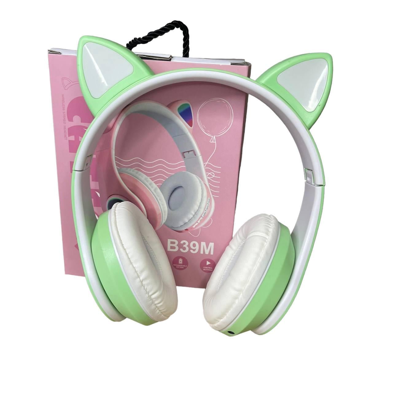 Наушники с ушками Cat Ear В39М беспроводные с подсветкой/FM-радио/MicroSD/Bluetooth Мятный (262363253)