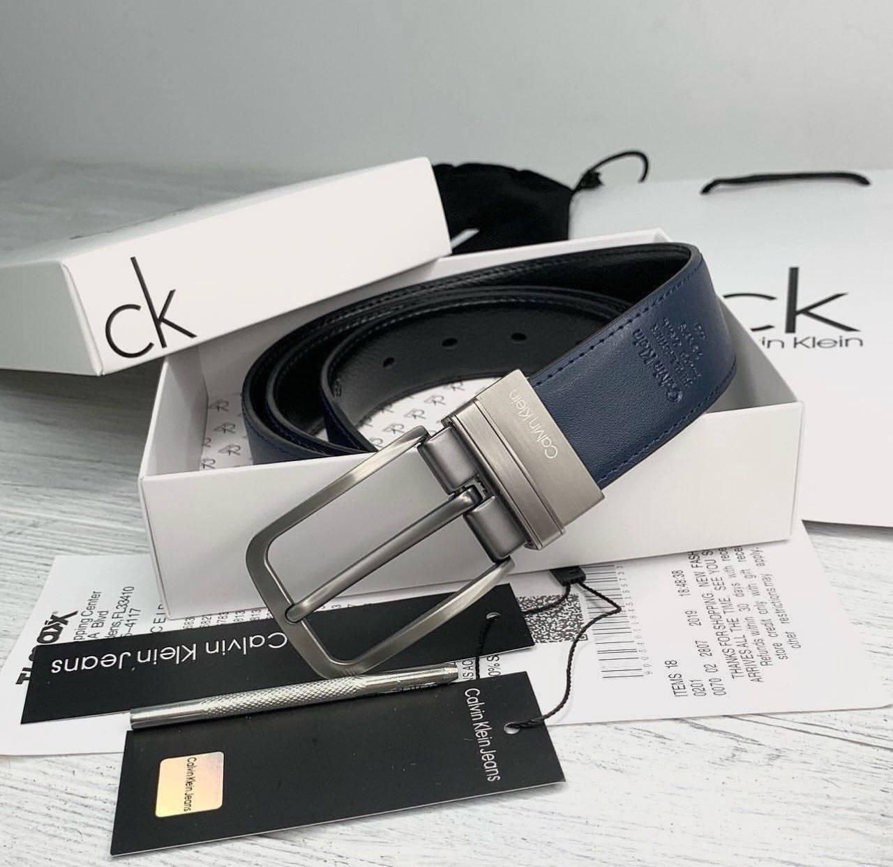 Ремень двусторонний кожаный в подарочной упаковке Черный/Синий (453 PTR)