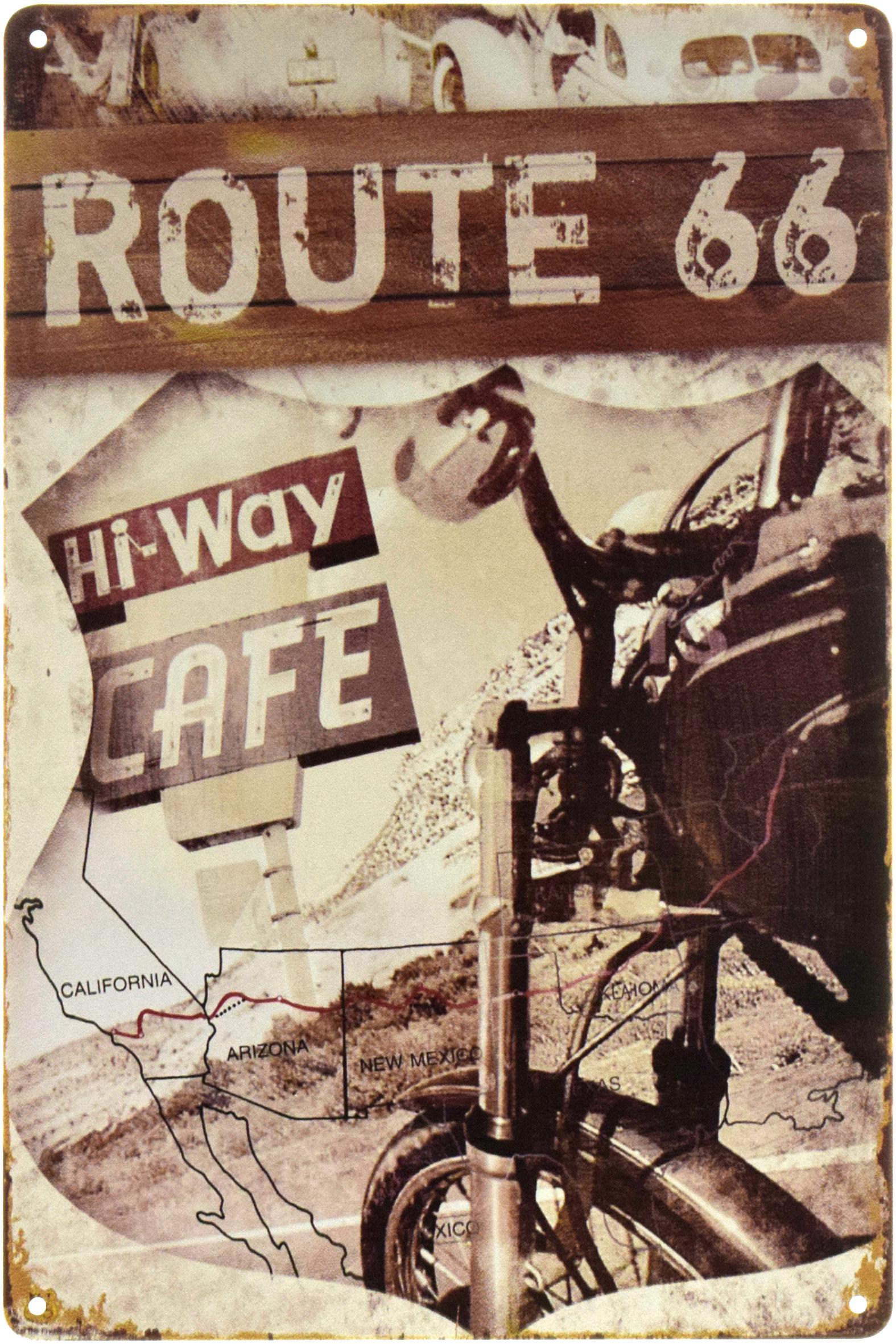 Табличка металлическая Route 66 Hi-Way Cafe 20x30 см