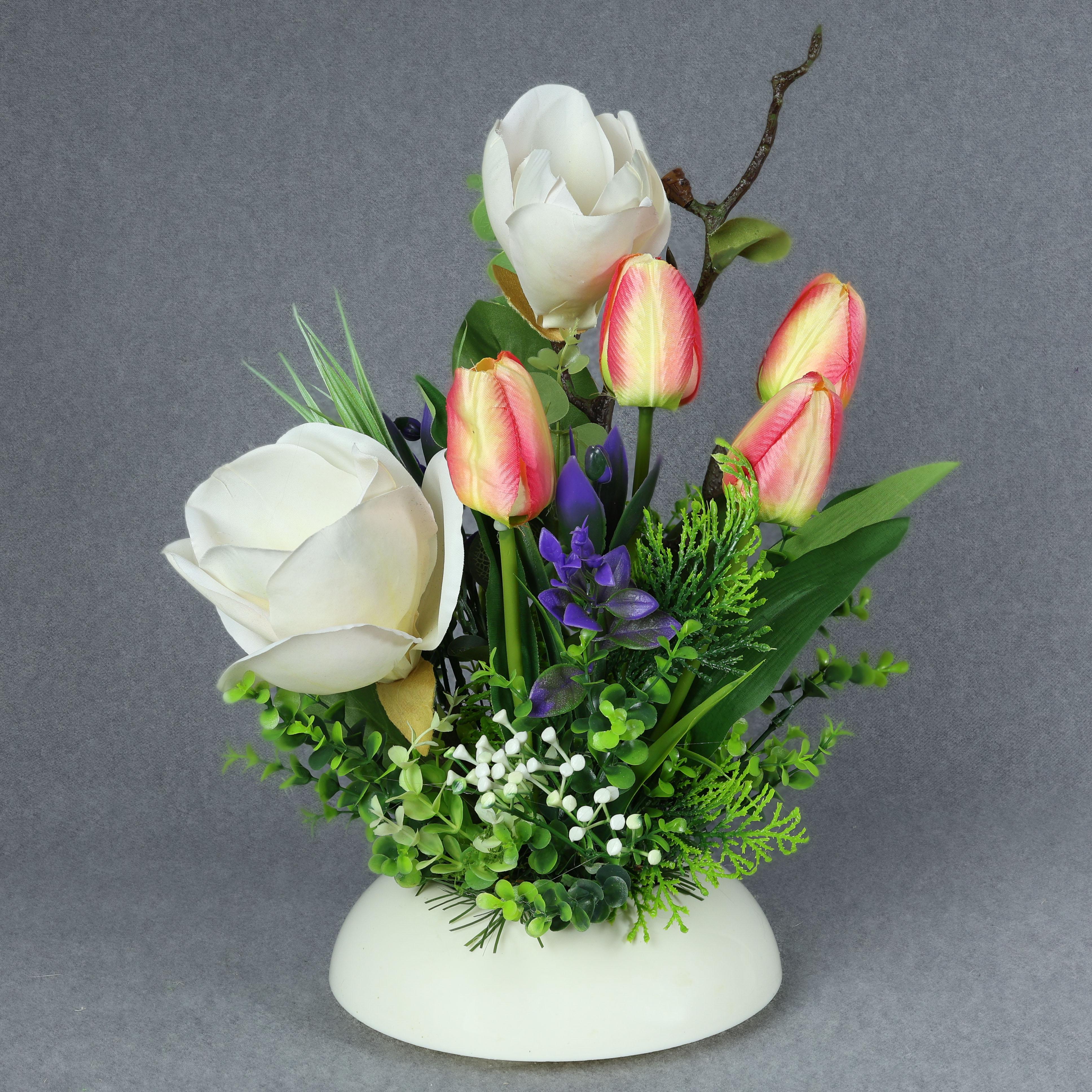 Композиция GALA DECOR надгробная из искусственных магнолий и тюльпанов в белом кашпо (КП2035МТ)
