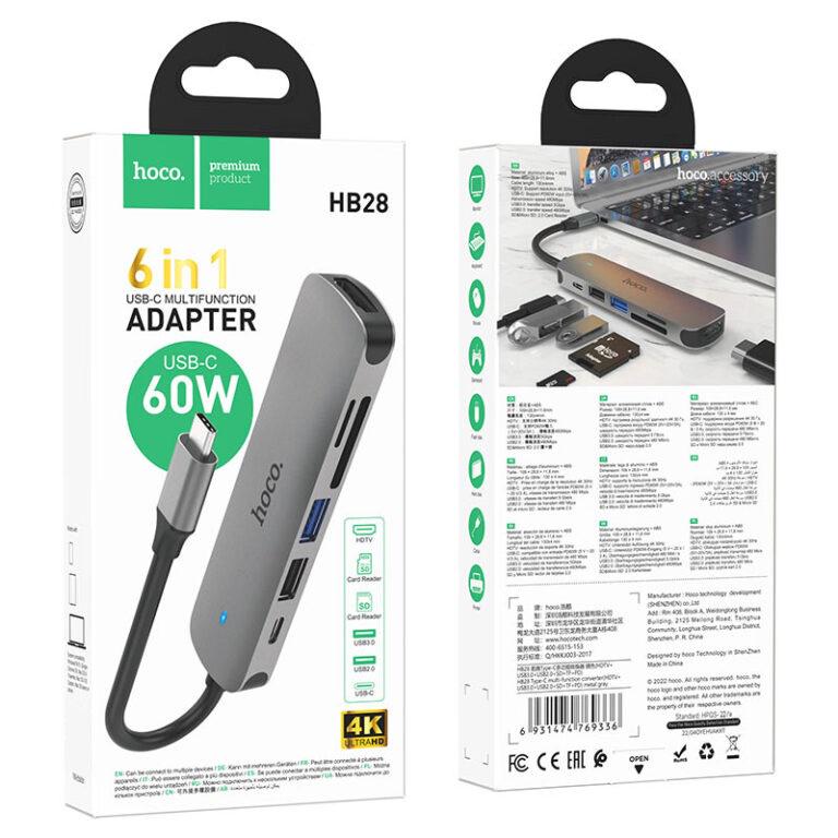 USB-хаб Hoco HB28 Type-C multi-function converter HDTV+USB3.0+USB2.0+SD+TF+PD Metal Gray (6931474769336) - фото 2