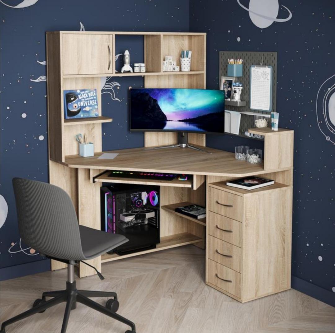 Стол угловой компьютерный с тумбой и полками Дуб сонома - фото 1